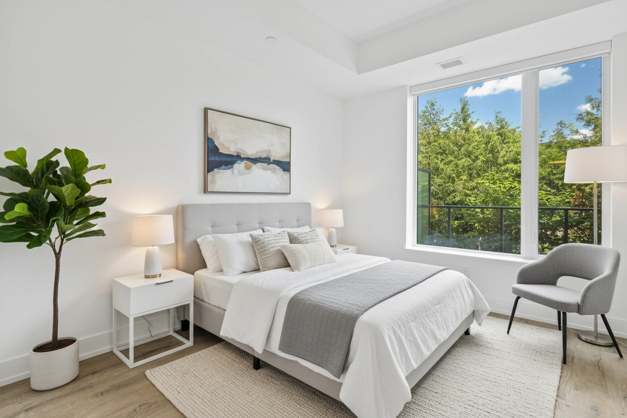 Photorealistic staging result showing before and after comparison of virtual staging