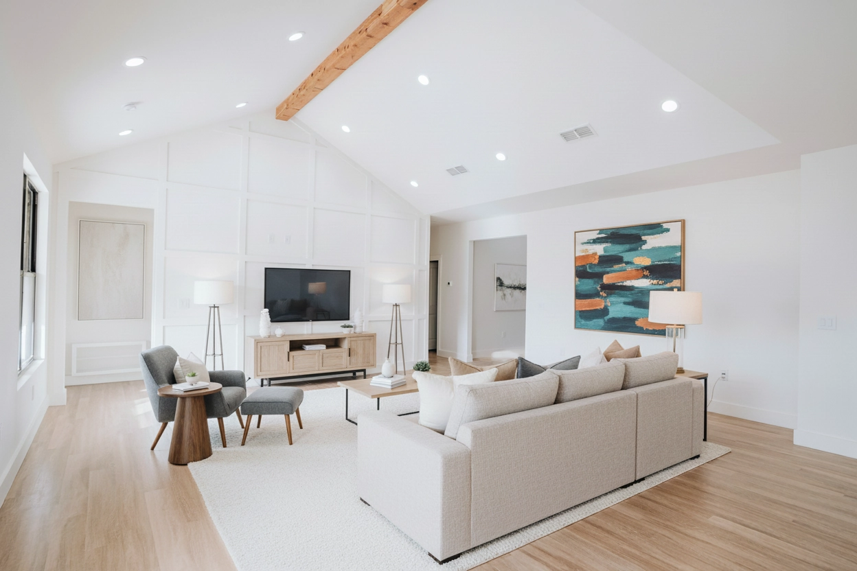 Living room staging after revision with enhanced decor and styling